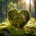 Heart-shaped stone in moss bathed in sunlight
