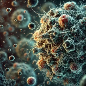 A conceptual illustration of cancer cells under a microscope, symbolizing the ancient and modern understanding of cancer.